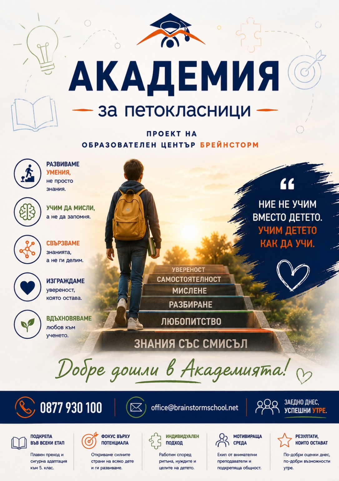 Визуал със стълбище на развитието: знания, любопитство, разбиране, мислене, самостоятелност, увереност